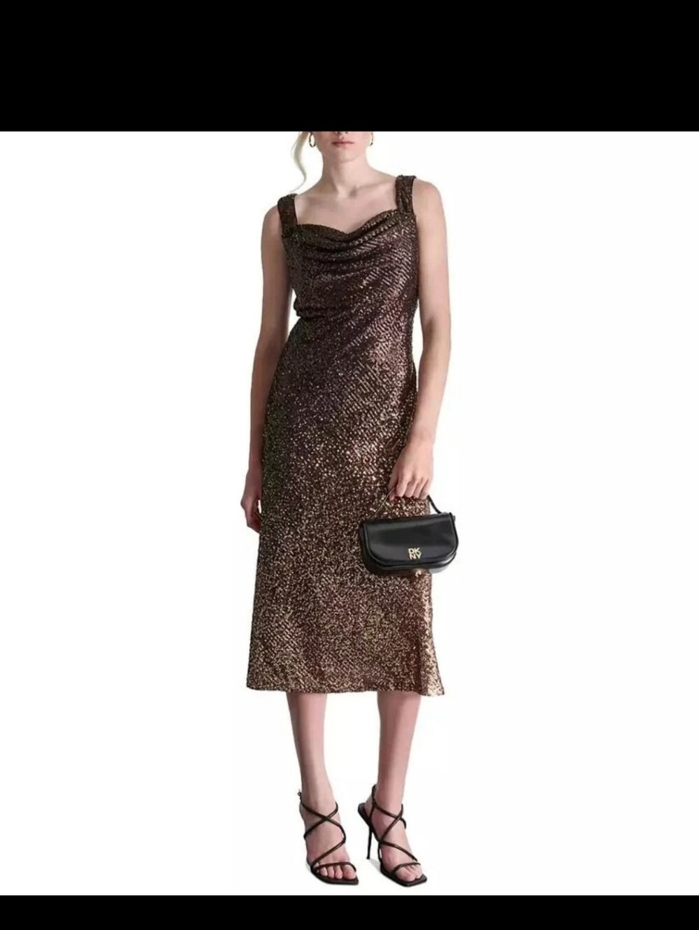 DKNY NWT Size 10 Brown Sequin Cowl Neck Midi Dress Cocktail Party Evening